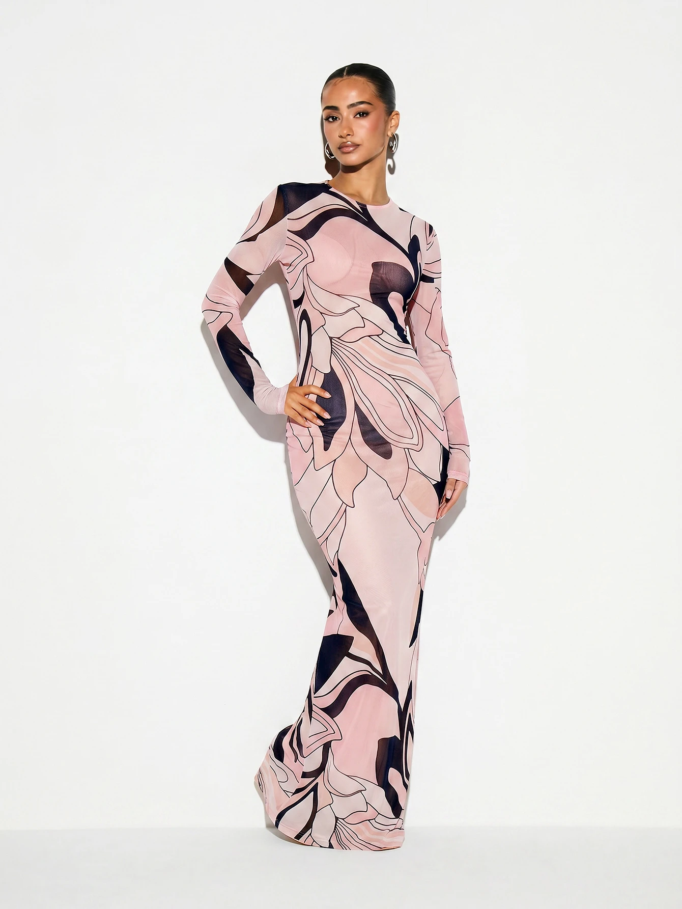 KIZN PRINTED MESH SHEER LONG DRESS COVER UP