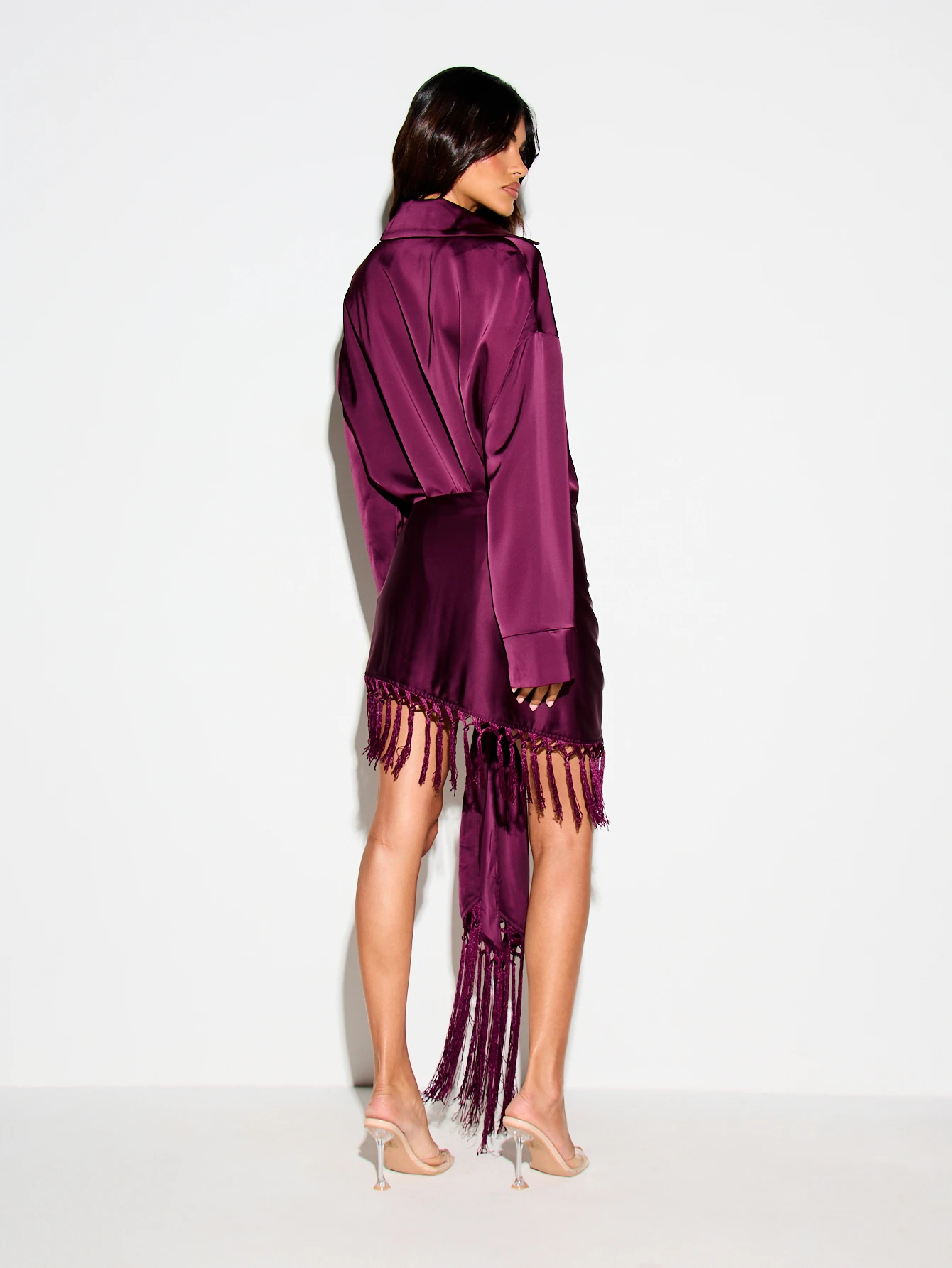 KIZN Satin Shirt Dress With Fringe Hem