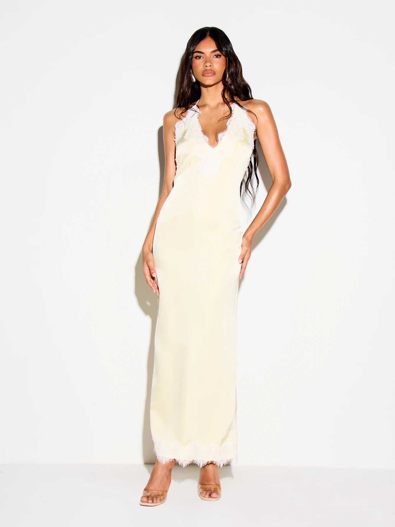 KIZN Satin Maxi Slip Dress With Lace Trim