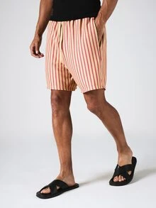 SUMWON Shorts listrados com textura de crochê e cordão, ideais para férias casuais de verão na praia. Modelagem relaxada. - Multicolorido - Ver 3