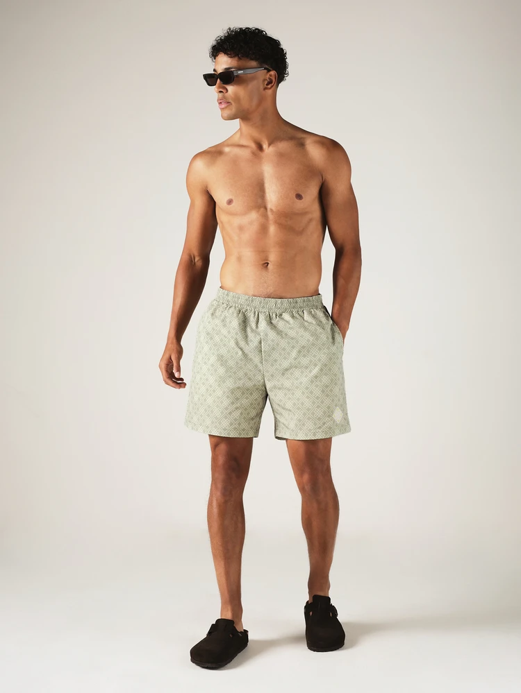 Monogram Print Swim Shorts With Elastic Waistband And Side Pockets For Beach Vacation Summer Holiday