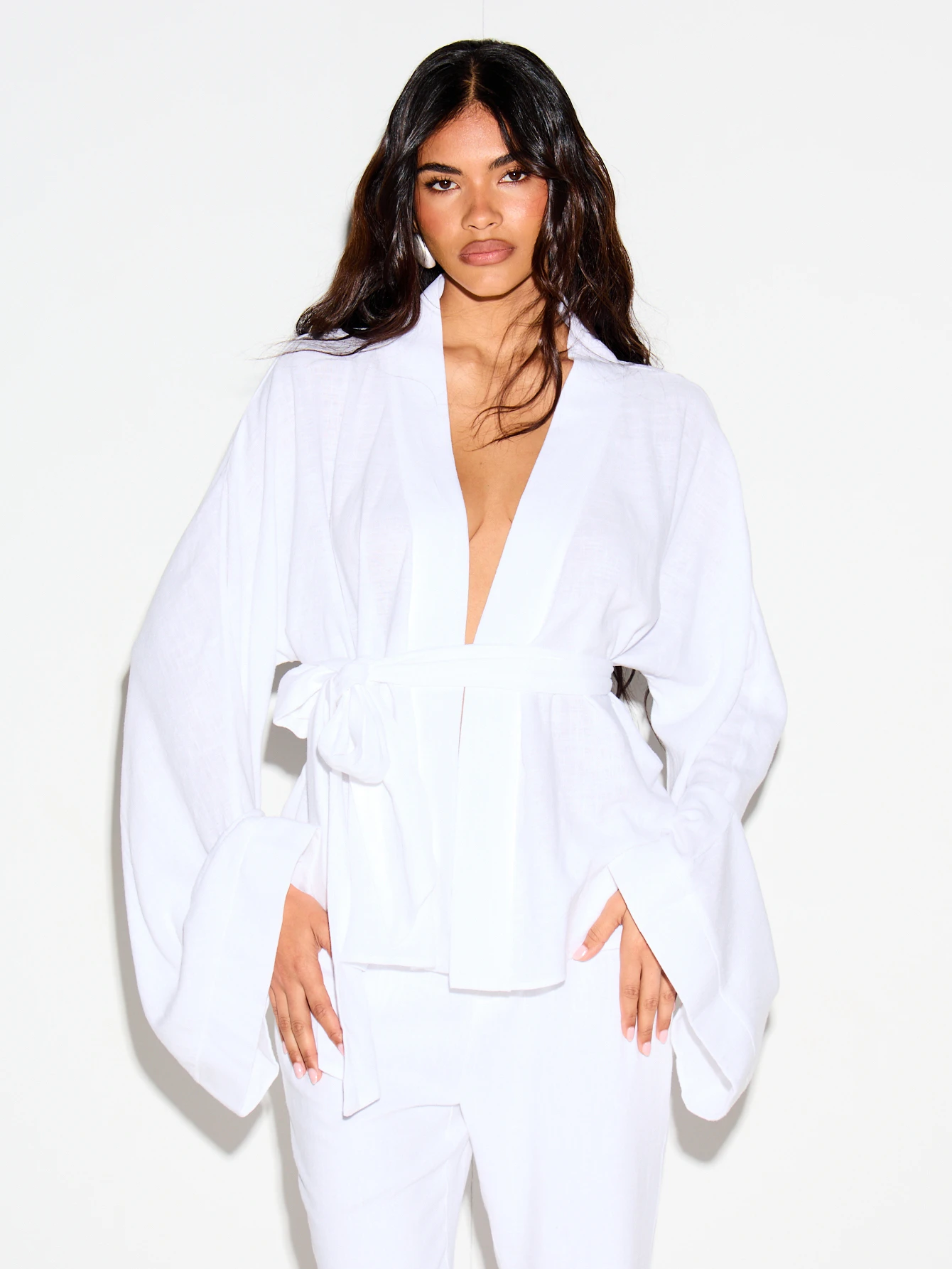 KIZN Linen Kimono Blouse With Belted Waist And Flared Sleeves