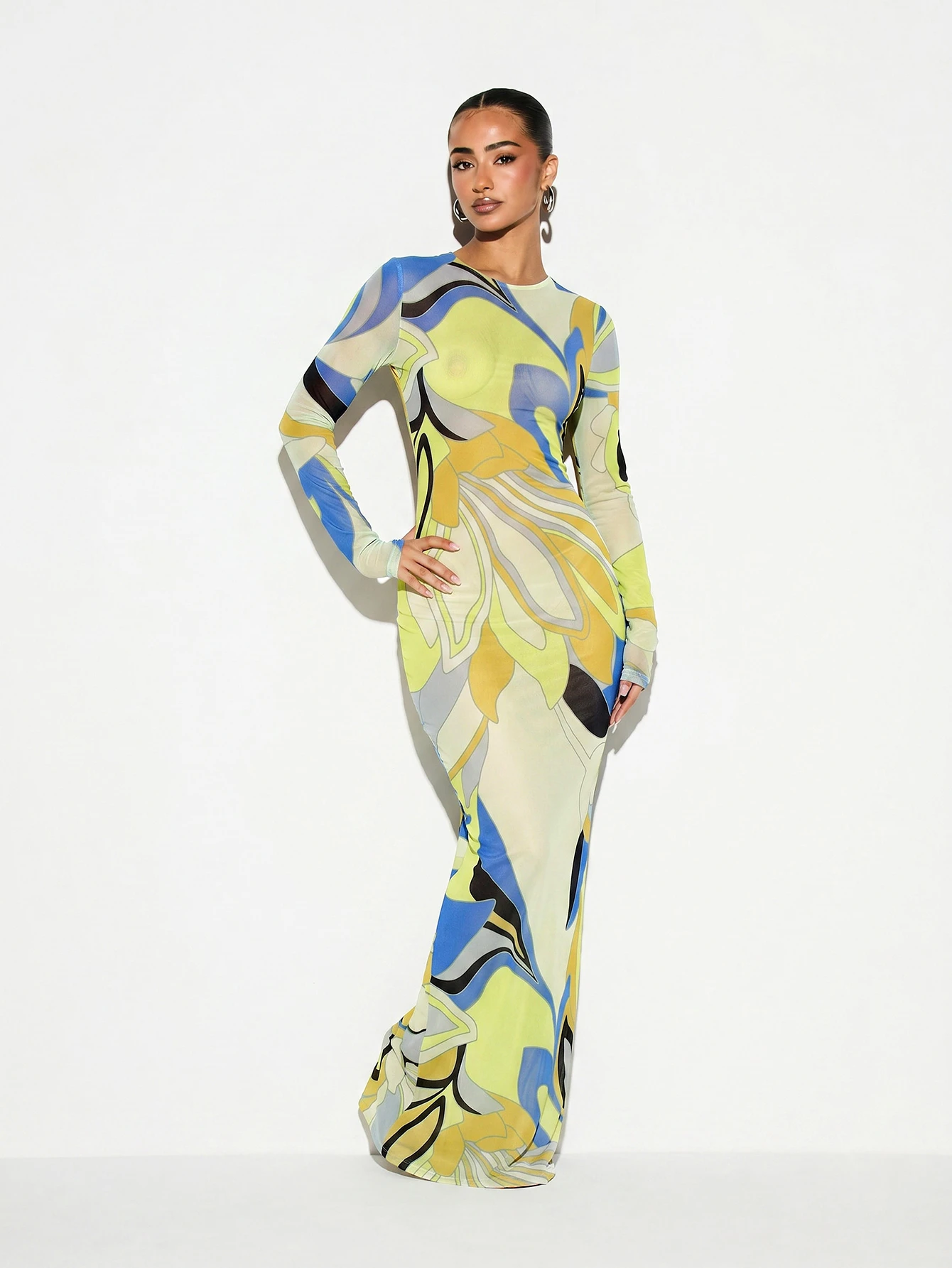 KIZN Printed Mesh Sheer Maxi Dress With Long Sleeves