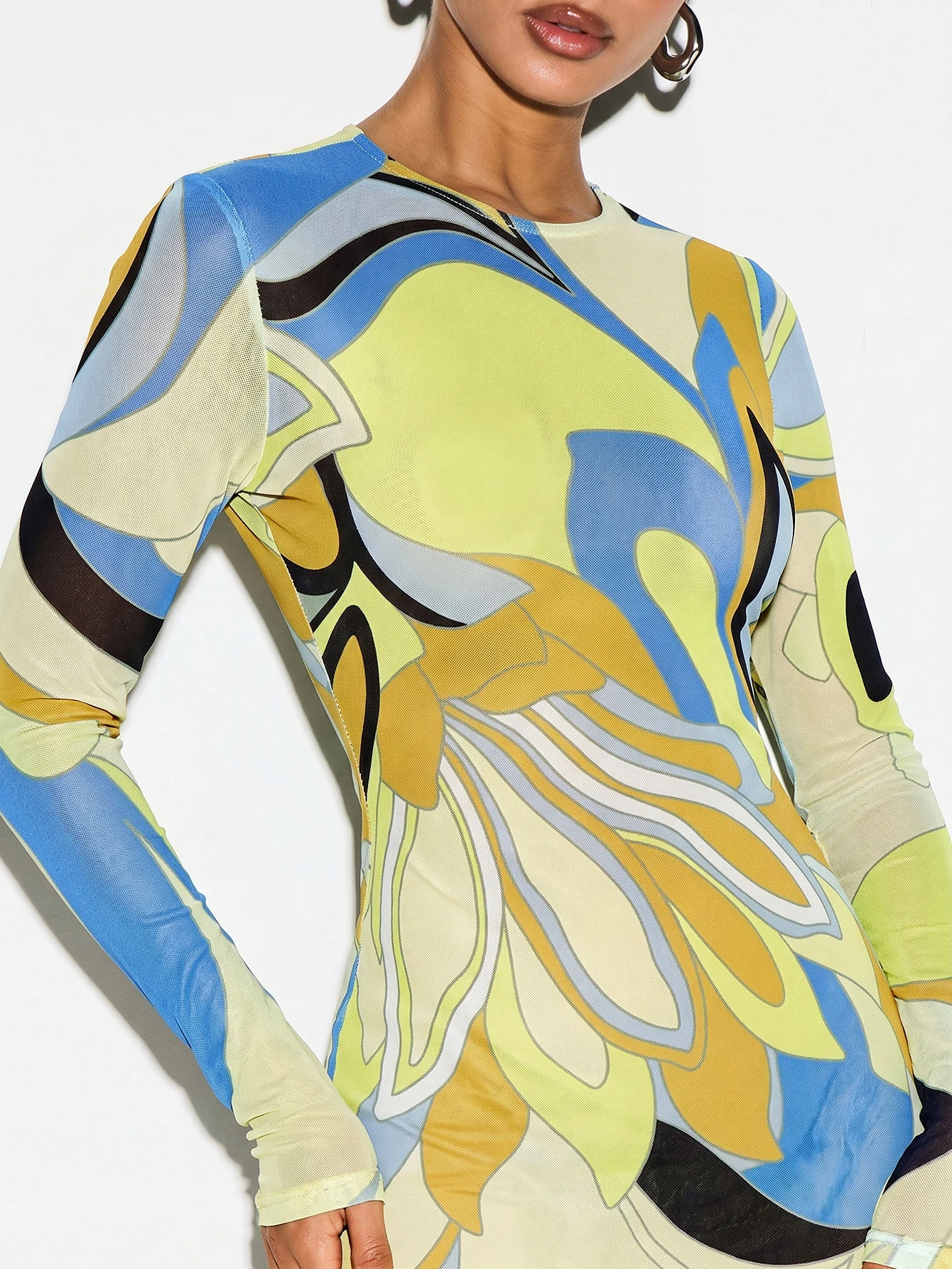 KIZN Printed Mesh Sheer Maxi Dress With Long Sleeves