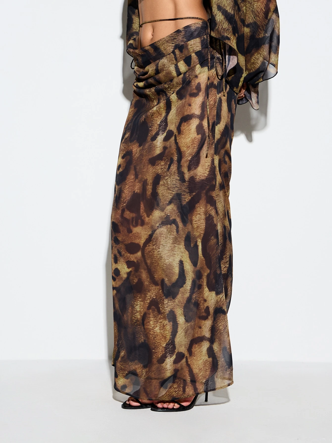 KIZN Chiffon Bias Cut Drape Maxi Skirt With Leopard Print