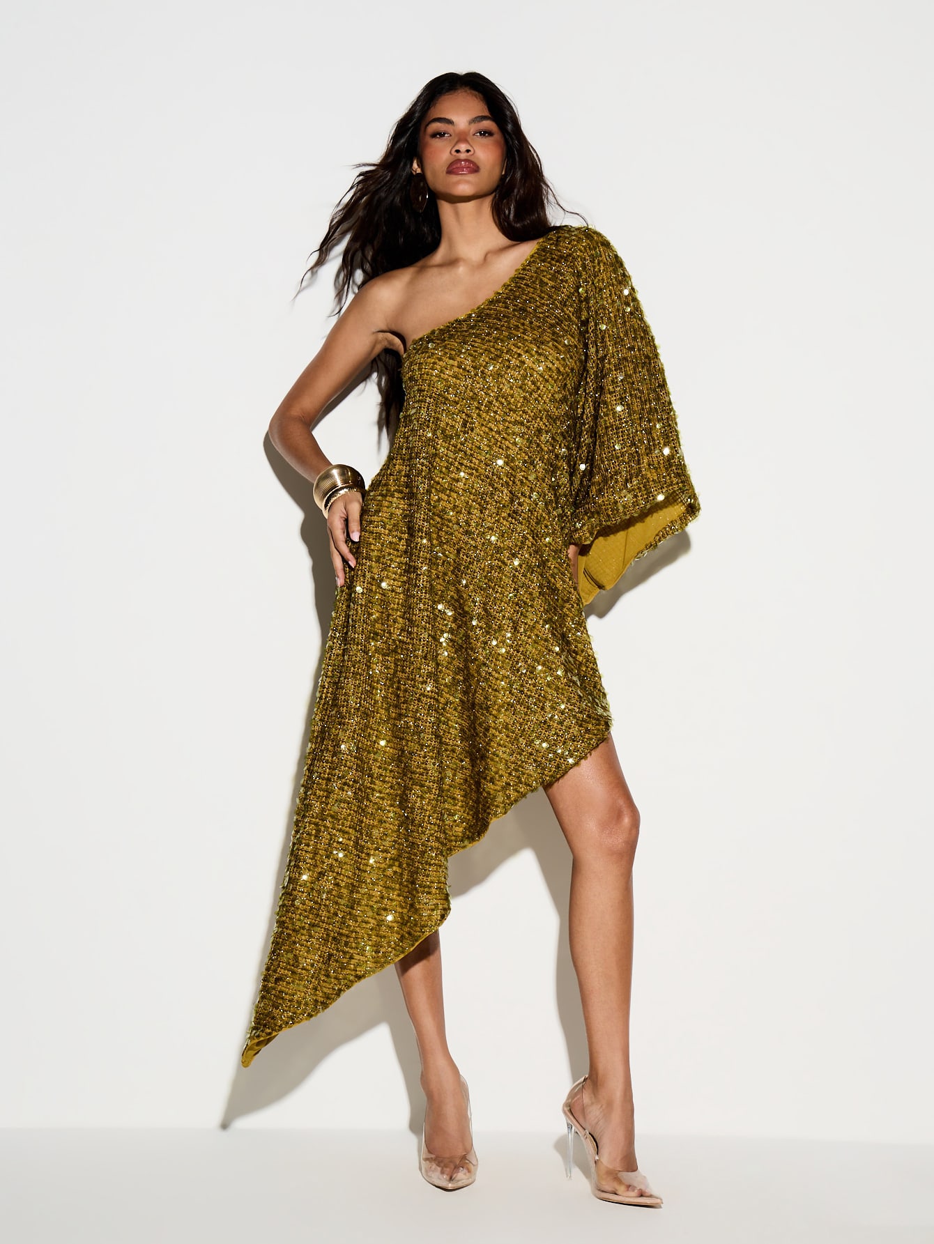 KIZN Sequin Crochet One Shoulder Asymmetrical Midi Dress
