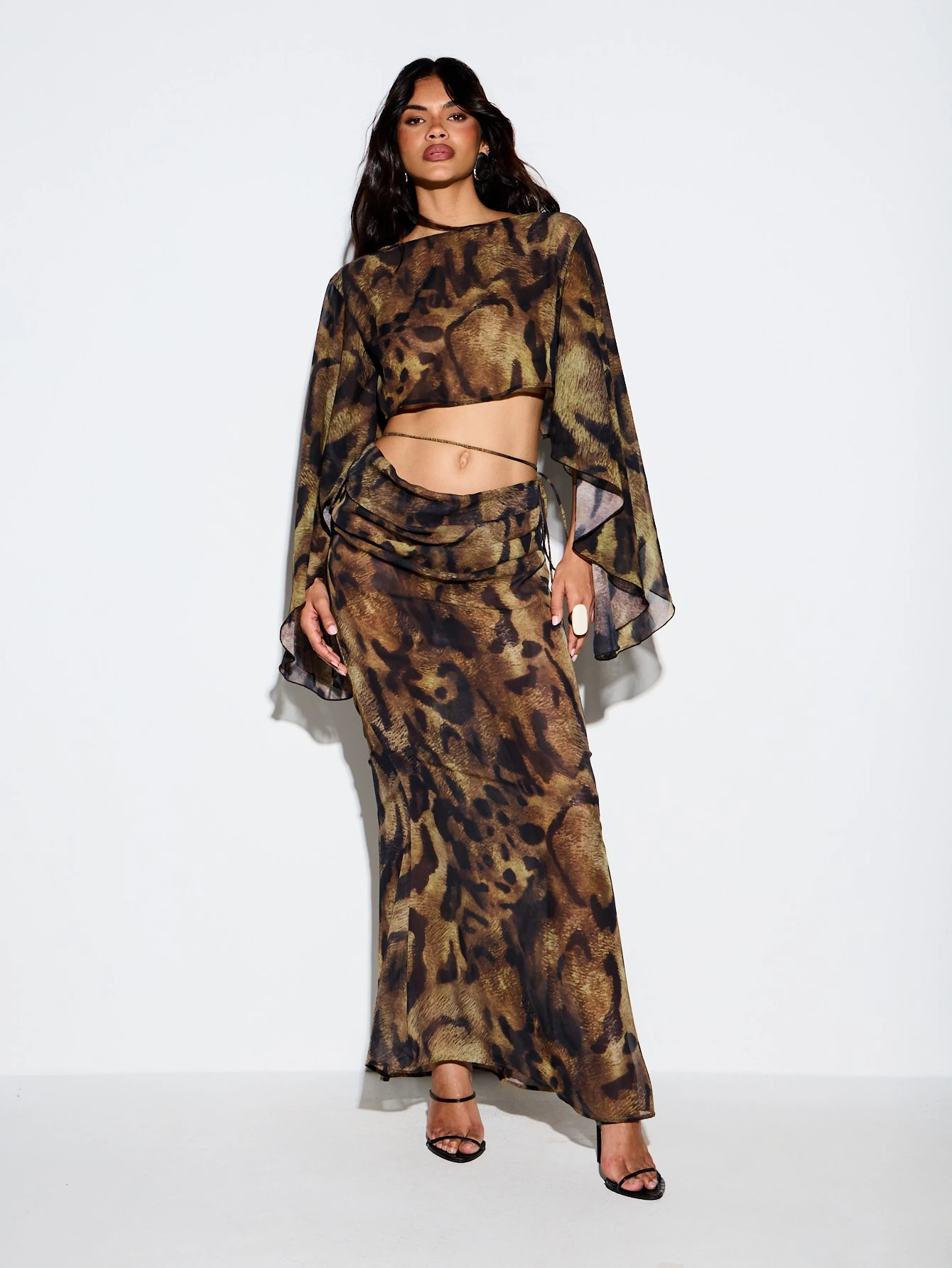 KIZN Chiffon Bias Cut Drape Maxi Skirt With Leopard Print