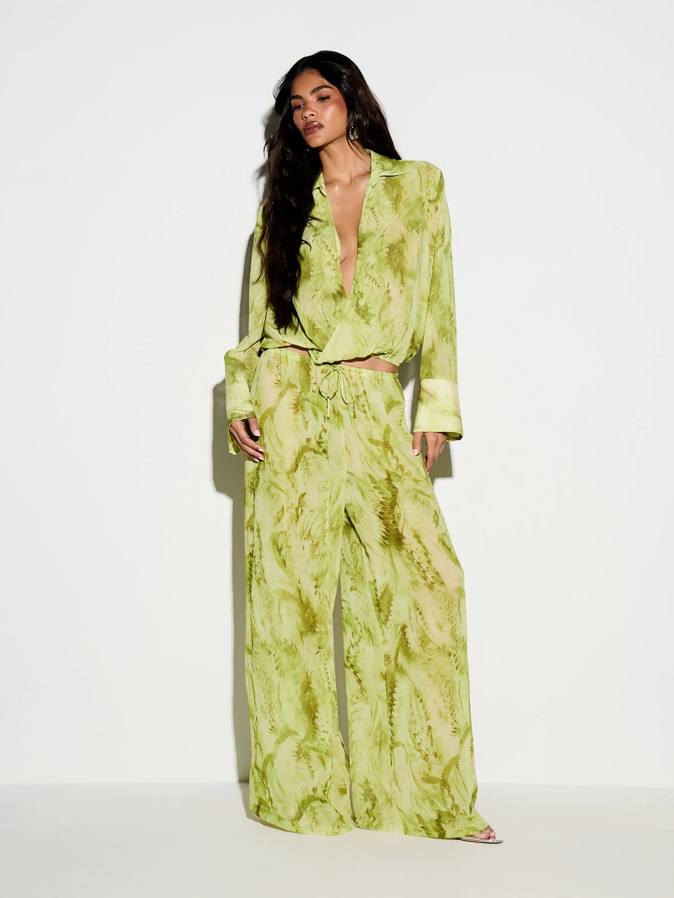 KIZN Abstract Printed Drape Plunge Crop Shirt With Bell Sleeves