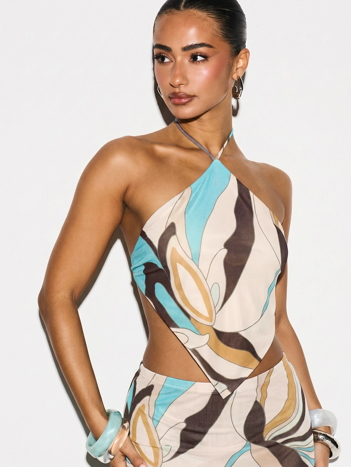 KIZN PRINTED MESH HALTER NECK TOP COVER UP