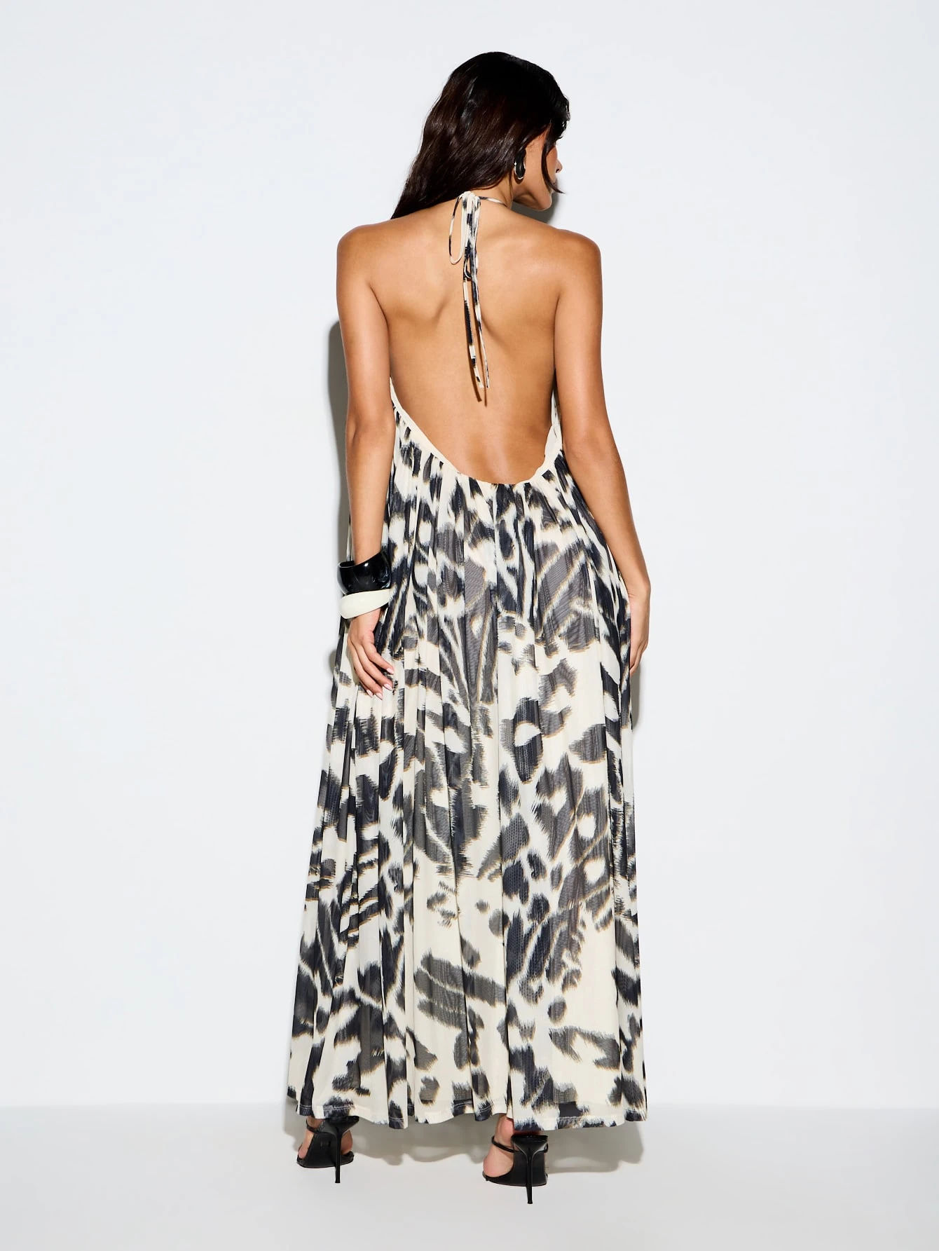 KIZN Printed Halter Neck Swing Maxi Dress With Open Back