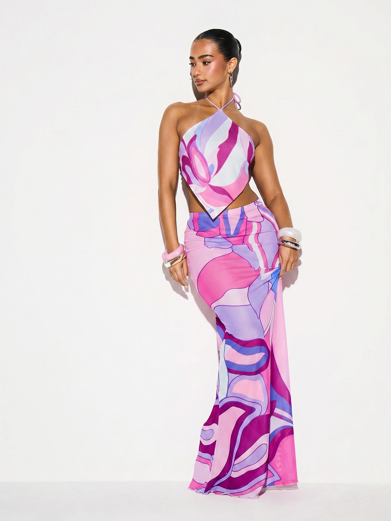 KIZN PRINTED MESH HALTER NECK TOP COVER UP