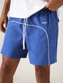 SUMWON Quần short ống rộng có viền tương phản, cạp chun và dây rút, thích hợp mặc hàng ngày vào mùa hè. - Màu xanh lam - Xem 1