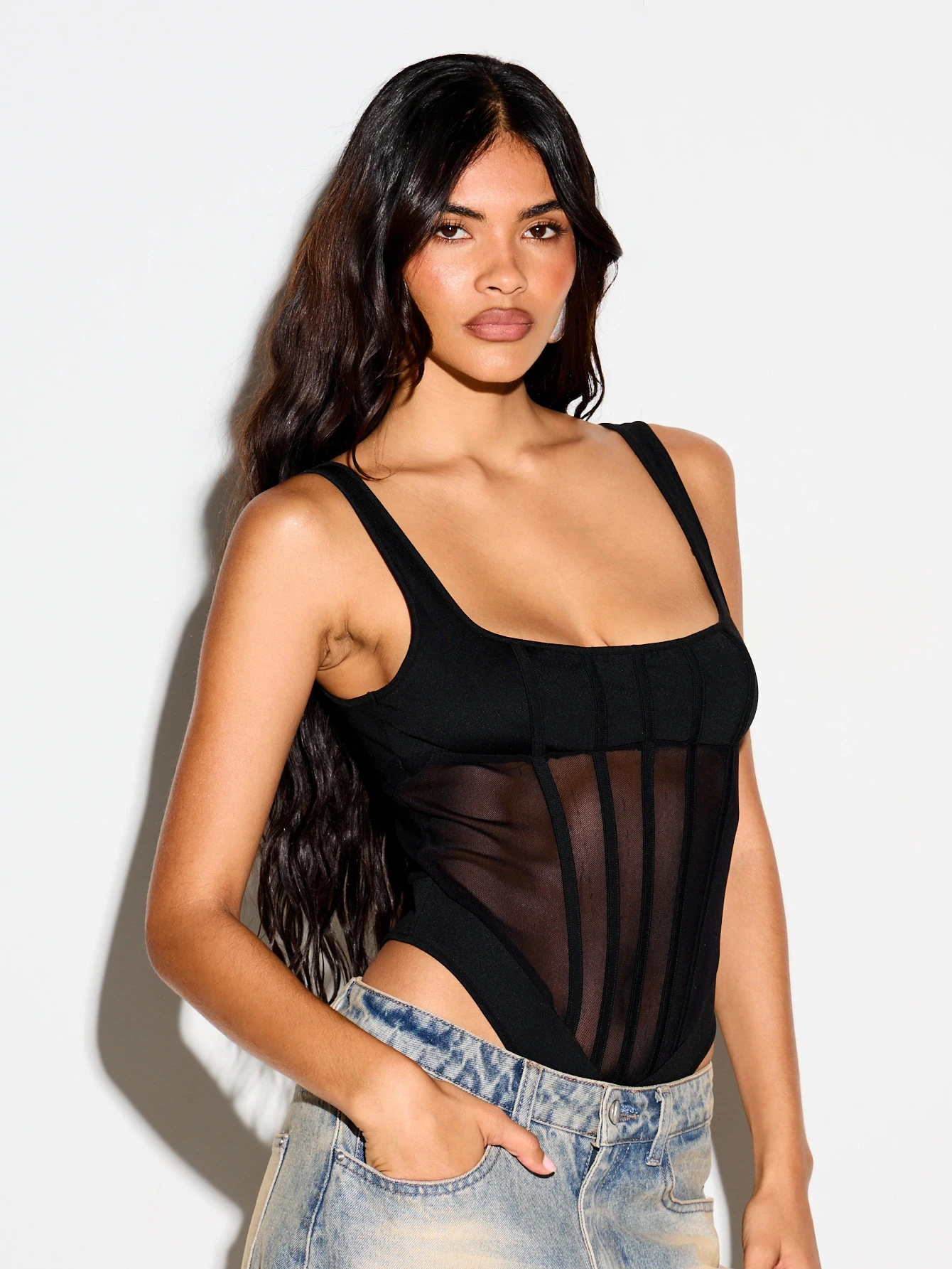 KIZN Mesh Corset Bodysuit With Square Neckline And Boning