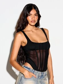 KIZN Body de estilo corsé con malla, escote cuadrado, detalles de ballenas, panel transparente y cierre con cremallera en la espalda - Negro - Ver 4