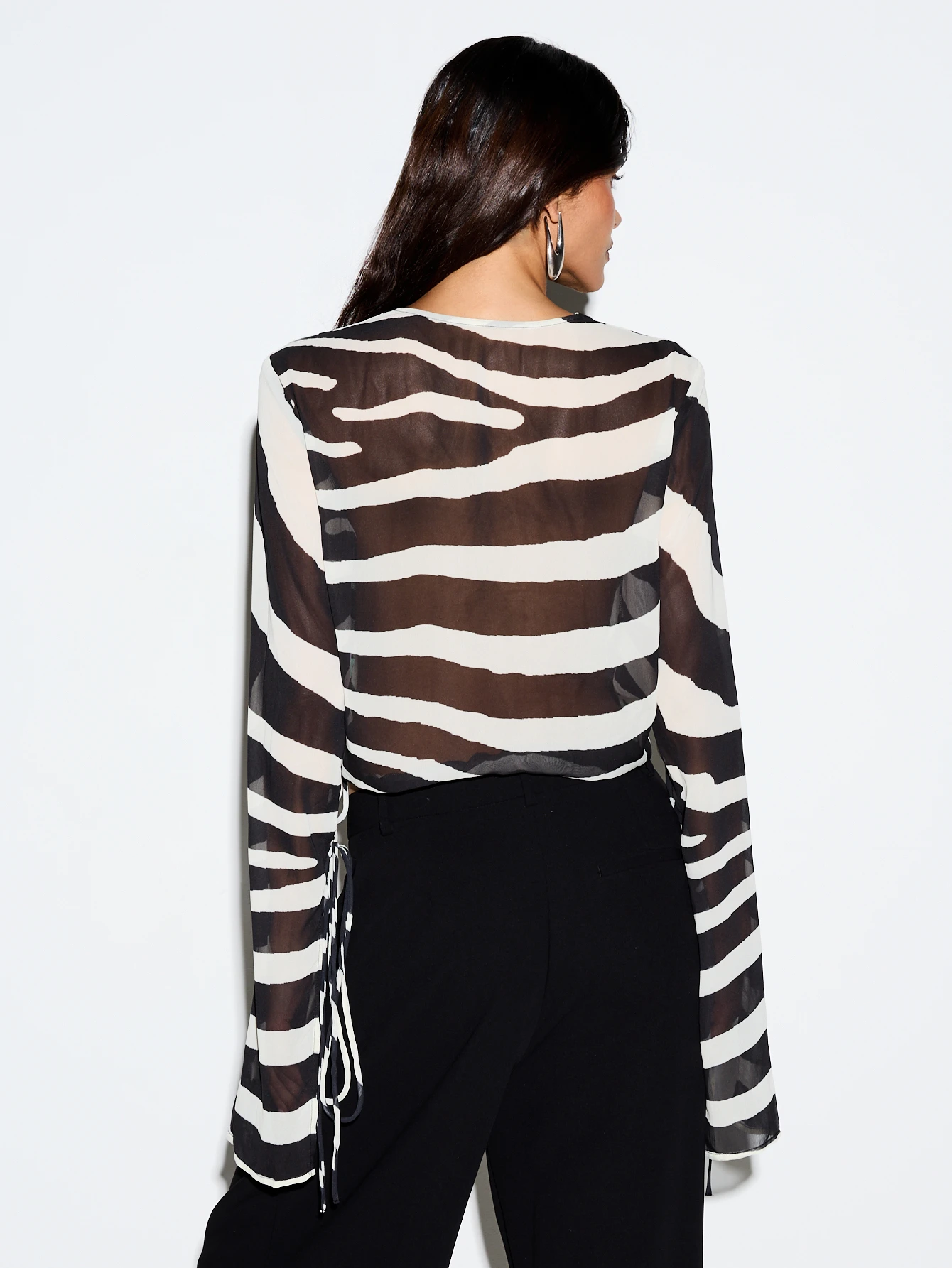 Zebra Print Sheer Chiffon Blouse With Tie Detail