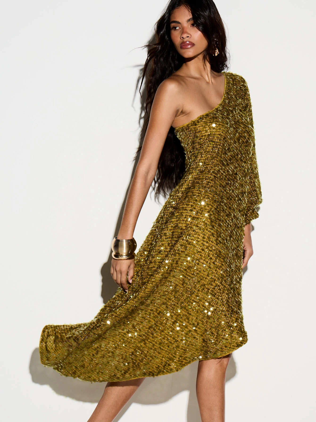 KIZN Sequin Crochet One Shoulder Asymmetrical Midi Dress
