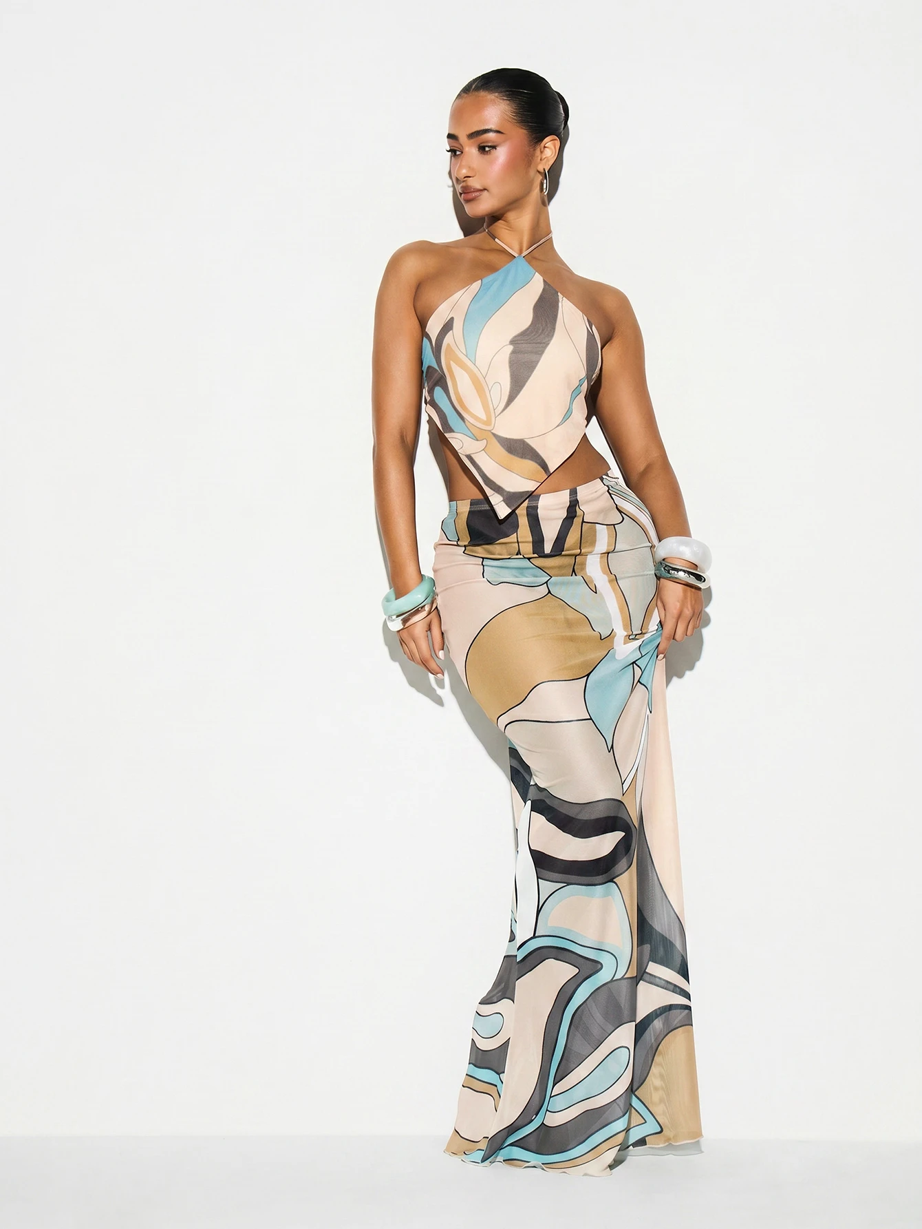 KIZN PRINTED MESH HALTER NECK TOP COVER UP