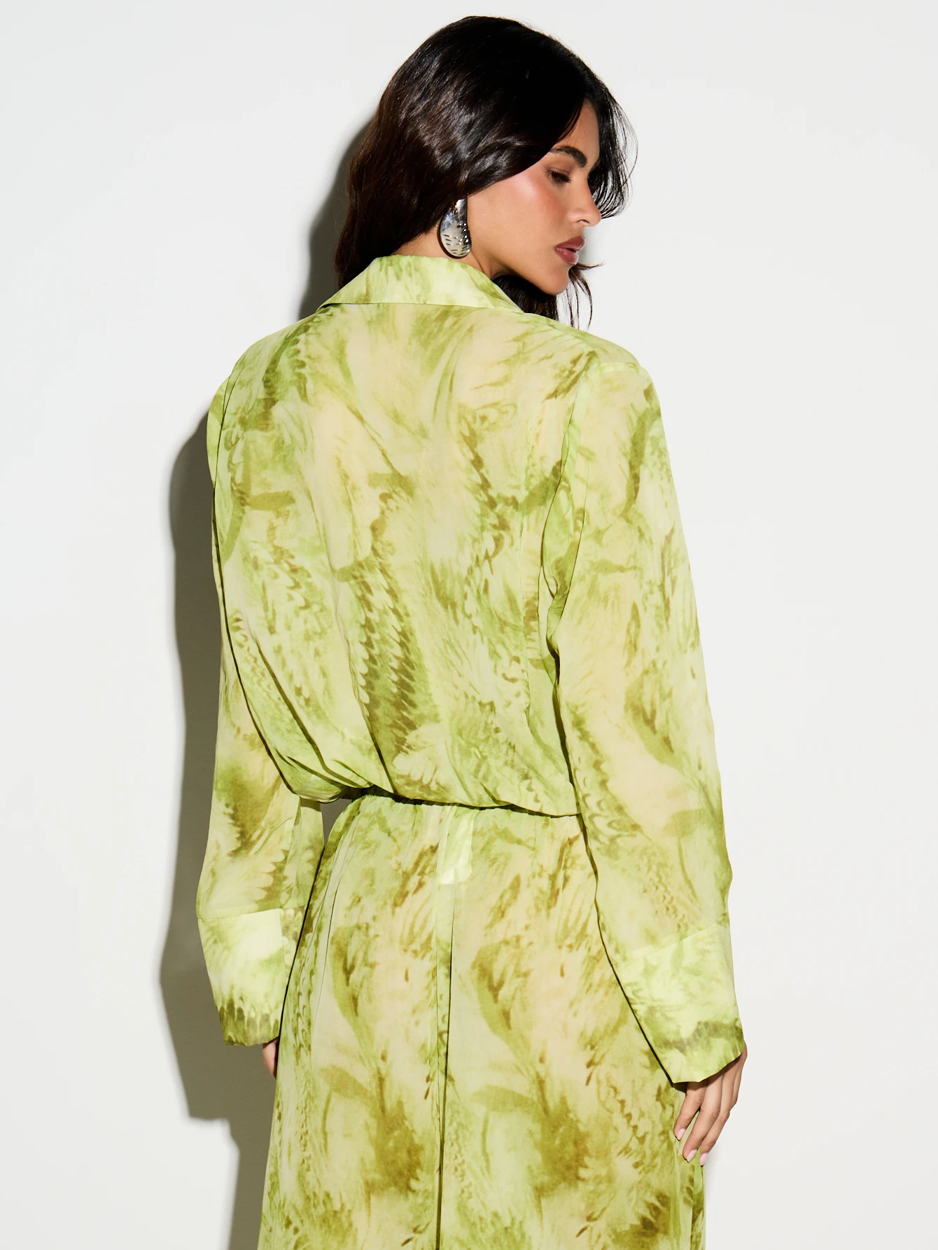 KIZN Abstract Printed Drape Plunge Crop Shirt With Bell Sleeves