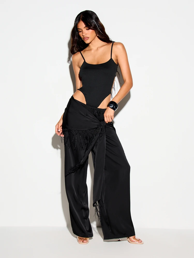 KIZN Satin Wide Leg Trousers With Fringe Scarf Detail