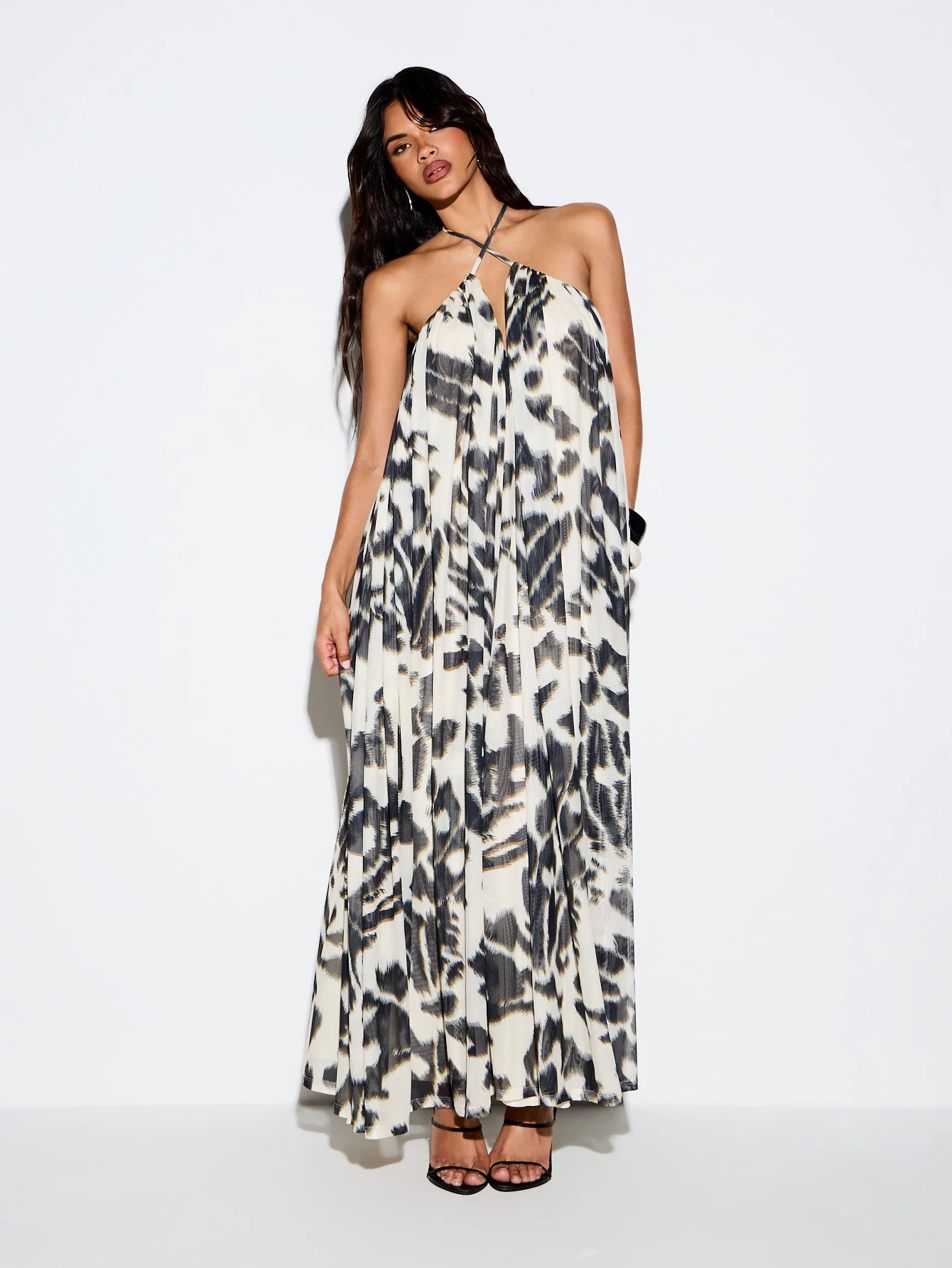 KIZN Printed Halter Neck Swing Maxi Dress With Open Back