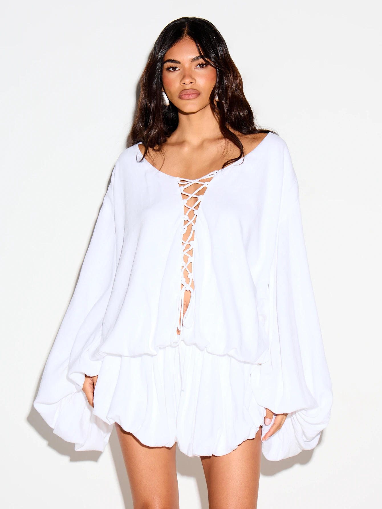 KIZN Linen Playsuit With Lace-Up Neckline And Bubble Hem
