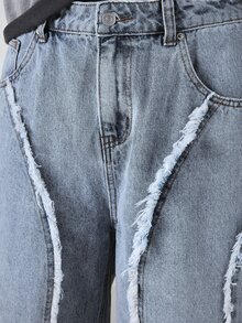 SUMWON Wide Leg Denim Jorts With Frayed Panelling Raw Hem And Embroidered Detail Summer Street Style - Blue - View 6
