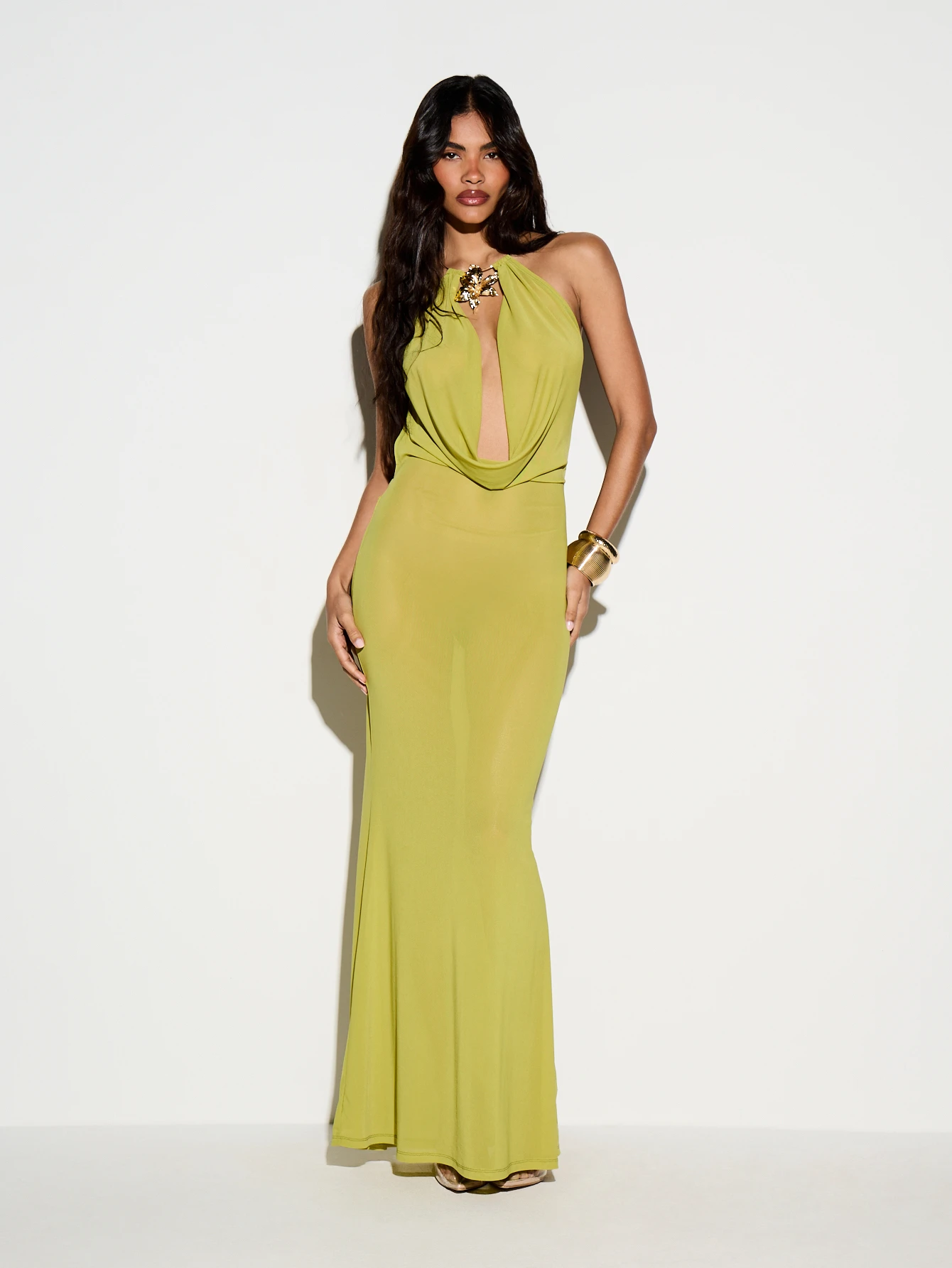 KIZN Plunge Cowl Neck Halter Maxi Dress With Floral Trim