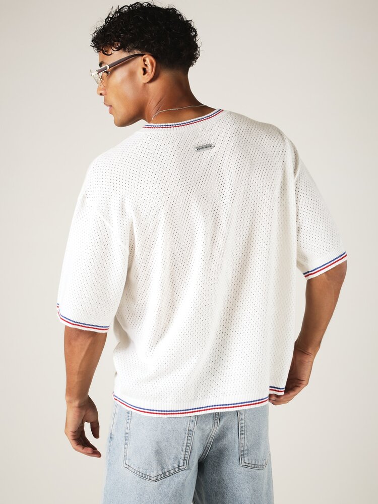 Boxy Fit Open Knit V-Neck Top With Number 07 Patch Detail And Striped Tipping