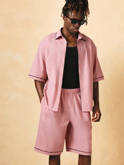 SUMWON Tailored Short Sleeve Button-Up Co-Ord Shirt With Contrast Piping Detail, Summer Holiday Casual Wear