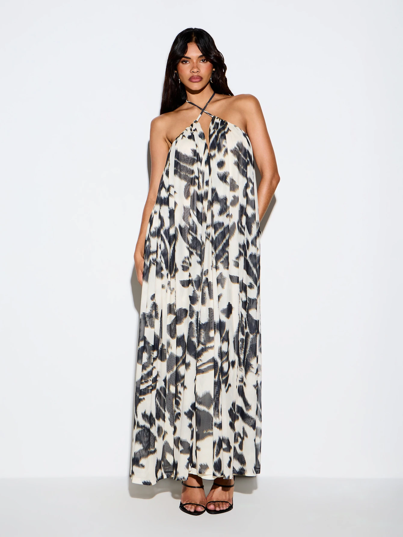 KIZN Printed Halter Neck Swing Maxi Dress With Open Back