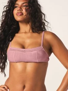 MISSGUIDED Linen Look Bralette With Floral Lace Trim Detail, Square Neckline, Adjustable Straps, Hook-And-Eye Back Closure - Pink - View 4