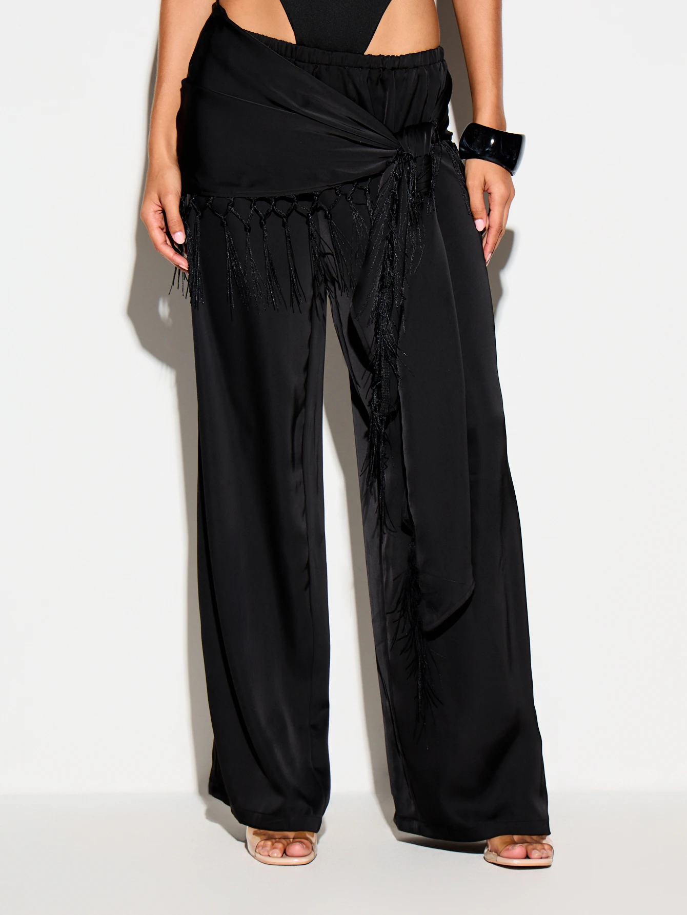 KIZN Satin Wide Leg Trousers With Fringe Scarf Detail