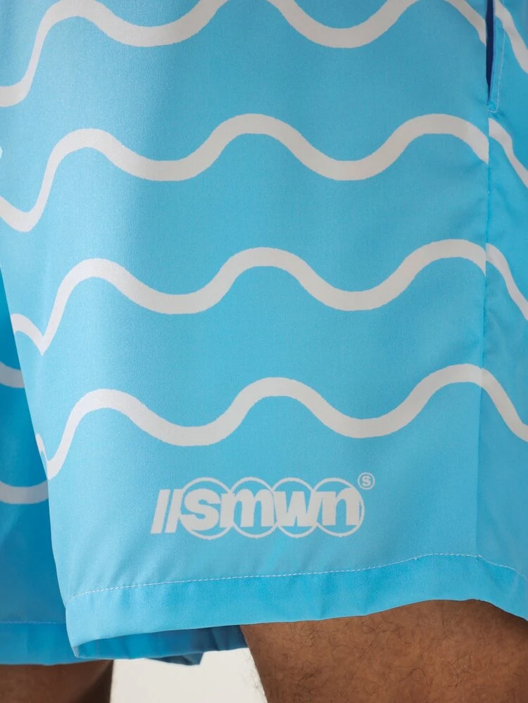 Shorts de baño casuales con estampado de olas y cintura con cordón elástico para verano y vacaciones en la playa
