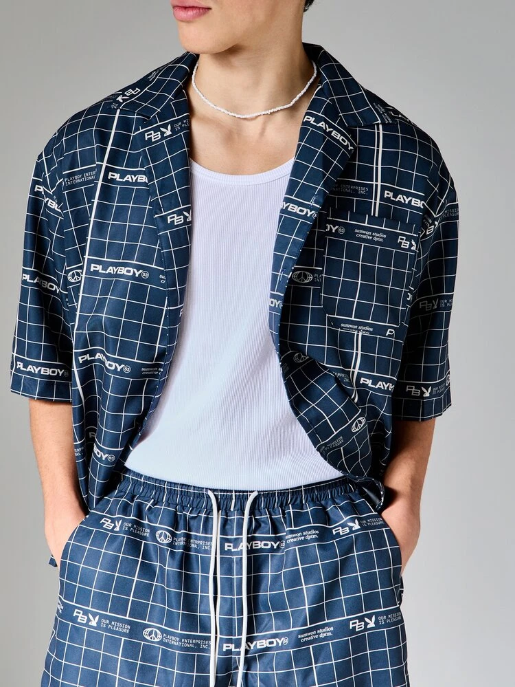 PLAYBOY X SUMWON Grid Print Short Sleeve Co-Ord Shirt And Shorts Matching Set Summer Beach Vacation Outfit