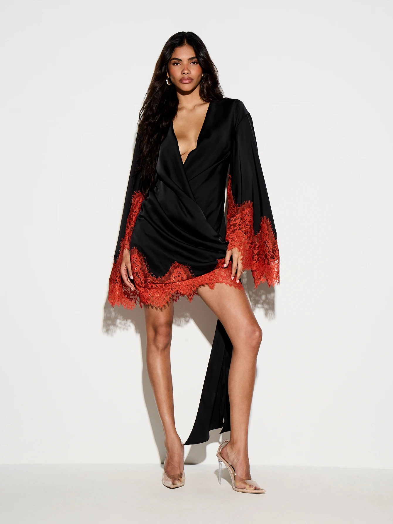 Satin Wrap Mini Dress With Lace Trim Sleeves