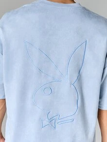 PLAYBOY X SUMWON Áo thun dáng rộng in hình thỏ ở phía sau, cổ tròn, tay ngắn, thích hợp cho mùa hè. - Màu xanh lam - Xem 6