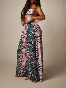 MISSGUIDED Snake Print Maxi Skirt Beach Cover Up With Elastic Waist Flowy Wide Leg Summer Vacation Beachwear - Multicolor - View 5