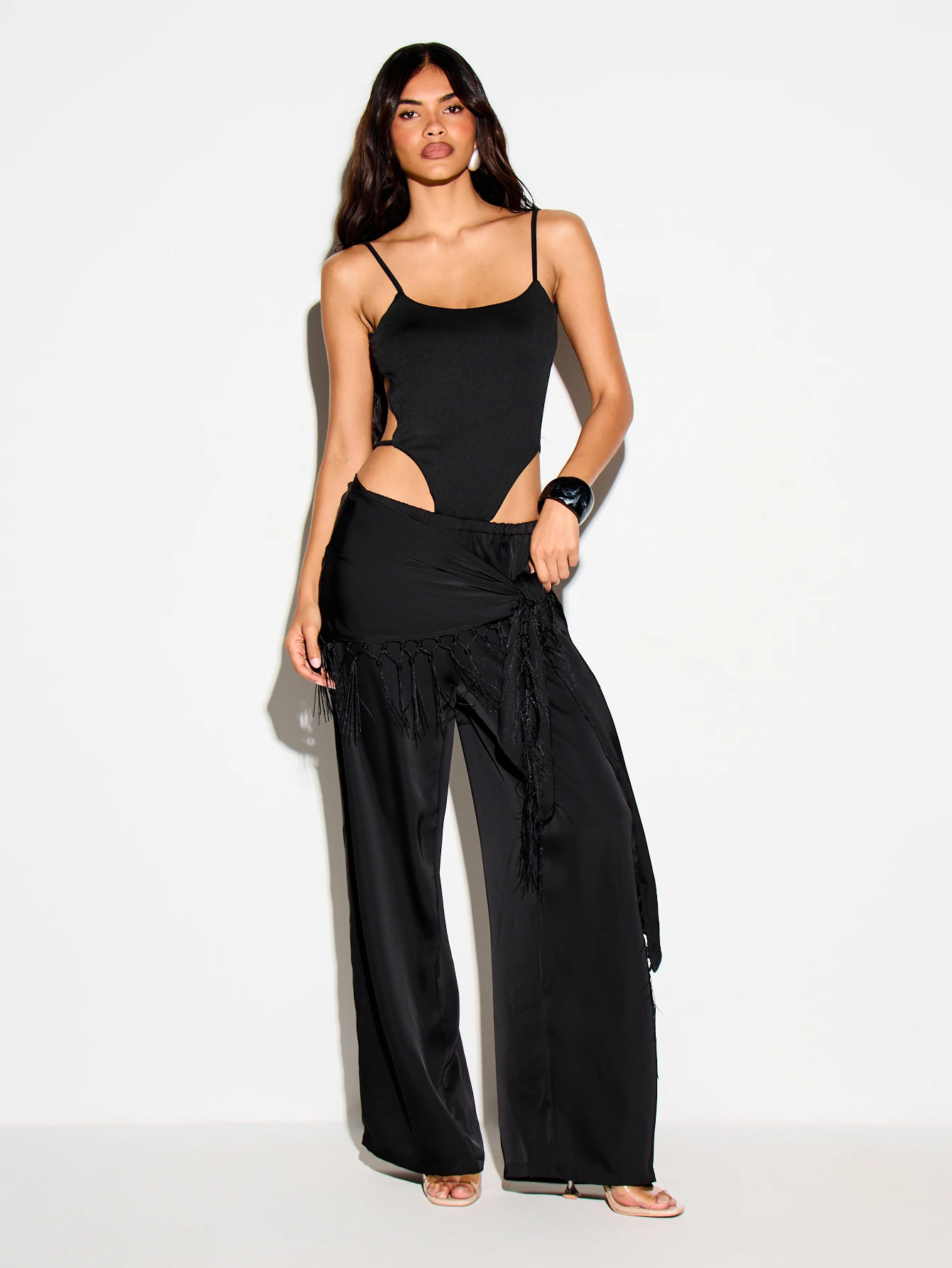 KIZN Satin Wide Leg Trousers With Fringe Scarf Detail