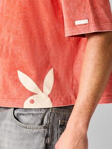 PLAYBOY X SUMWON Essentials Cropped Graphic Tee With Bunny Logo Script Back Print Acid Wash Short Sleeve Crewneck - Brown - View 4
