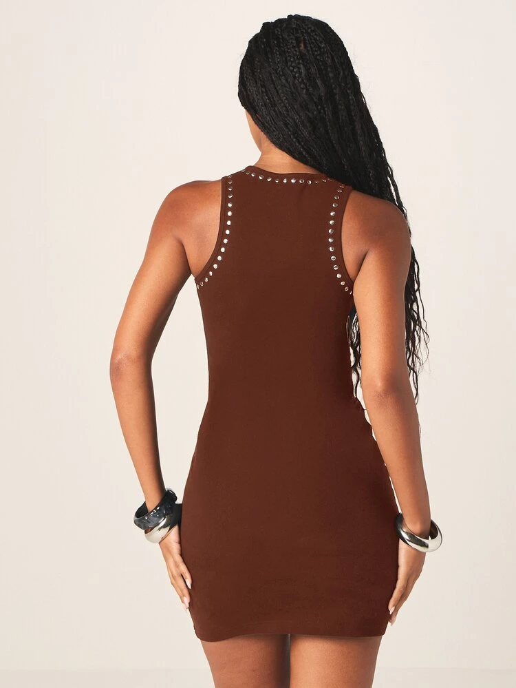MISSGUIDED Racer Neck Bodycon Mini Dress With Silver Stud Detailing, Sleeveless Party Night Out Style