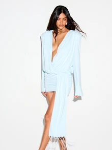 KIZN Deep V-Neck Shoulder Pad Mini Dress With Fringe Detail Long Sleeve Ruched Bodycon Wrap Style - Blue - View 3