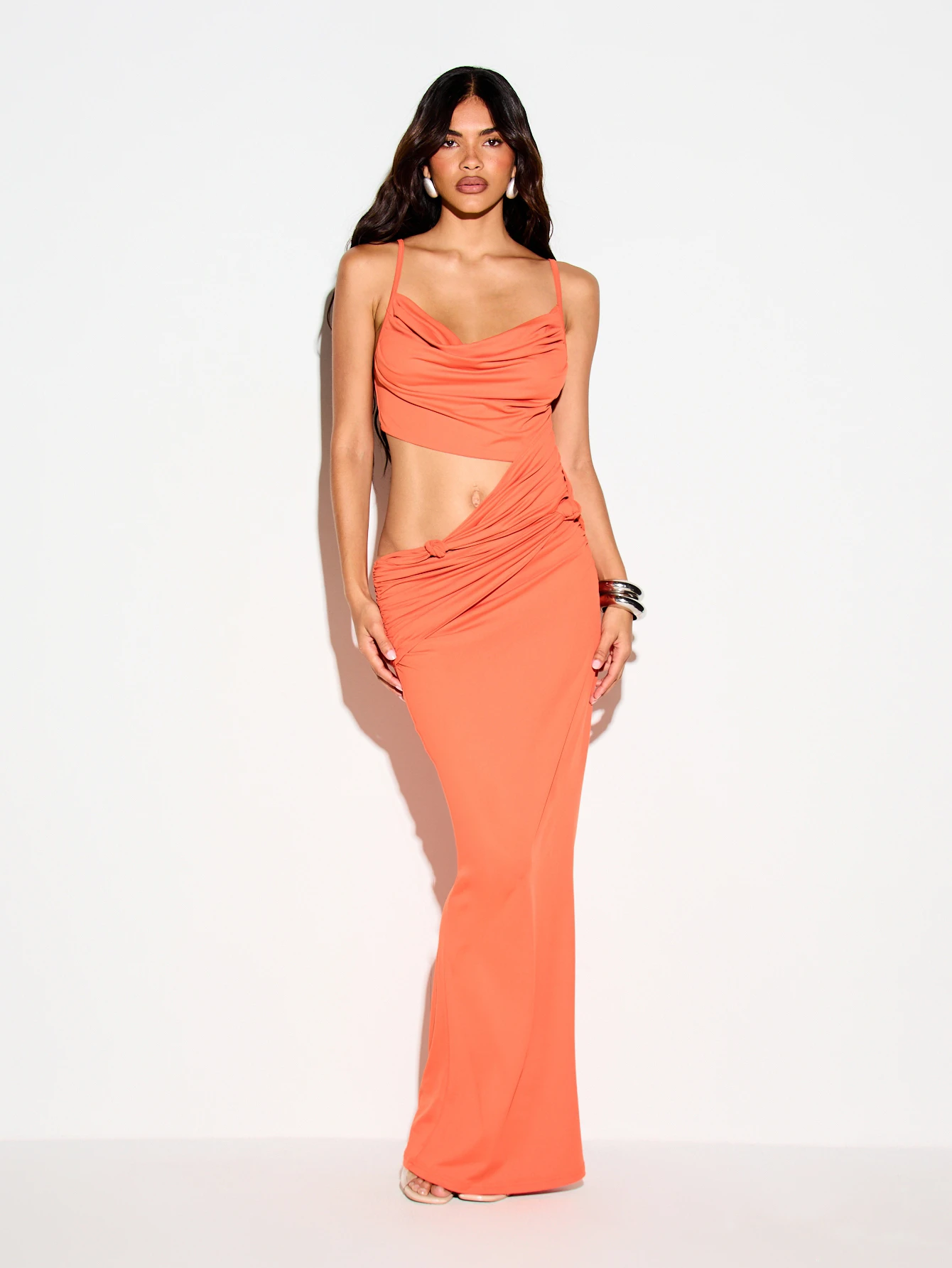 KIZN Ruched Cowl Neck Maxi Dress With Cut-Out Detail