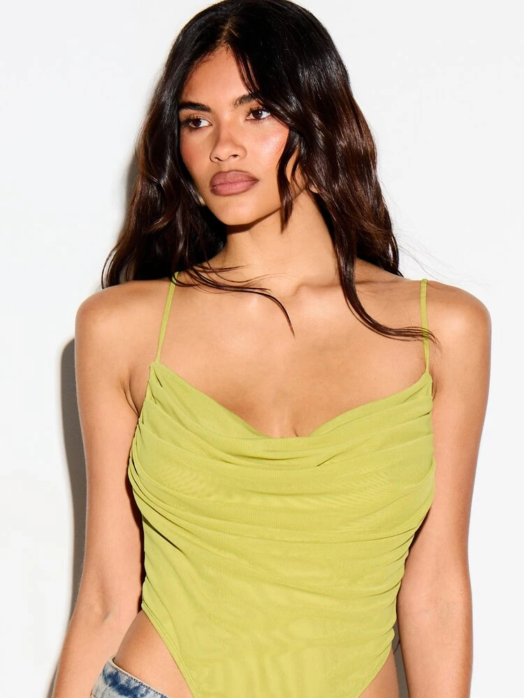 KIZN Cowl Neck Bodysuit With Ruched Spaghetti Straps