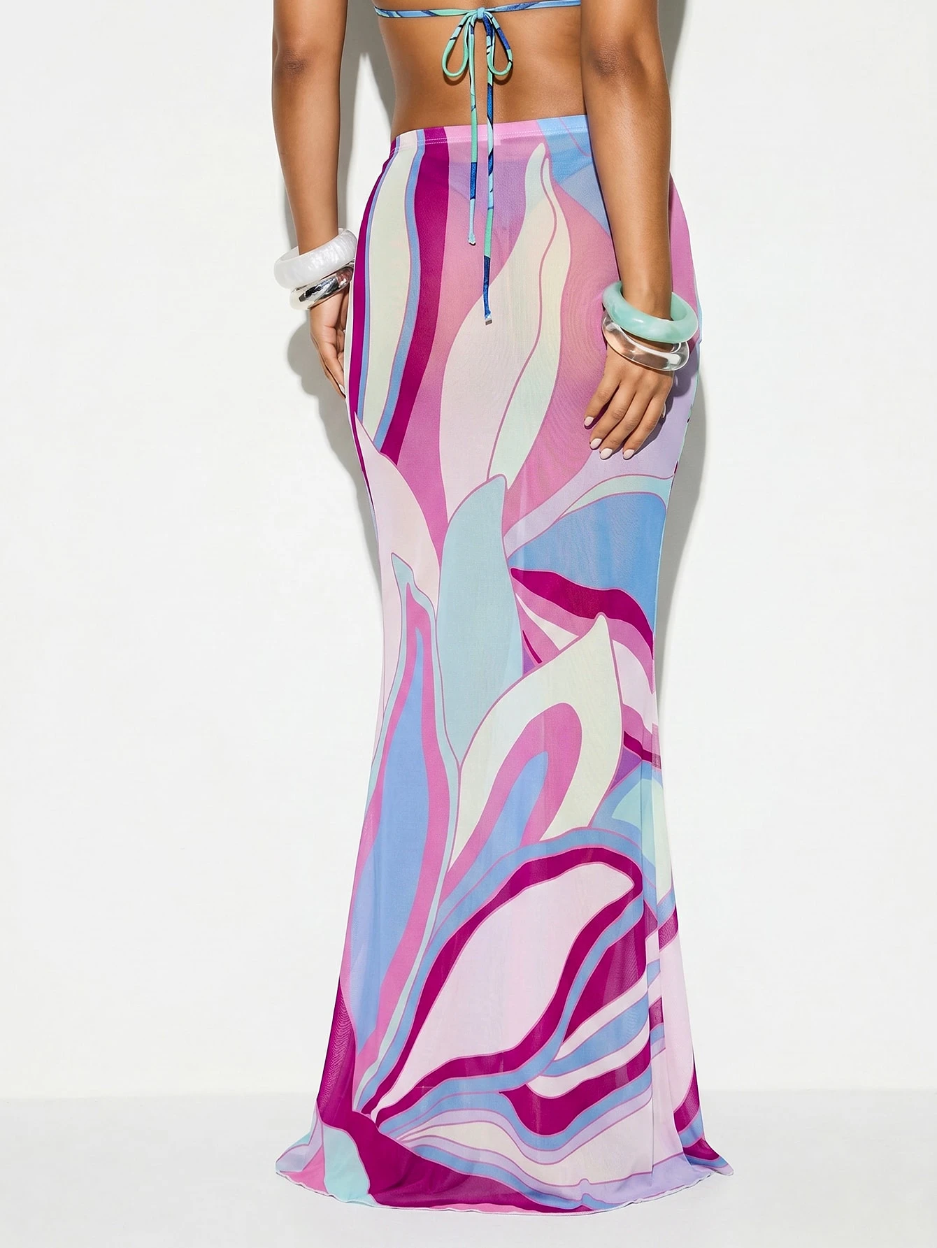 KIZN Sheer Mesh Midaxi Skirt With Abstract Swirl Print