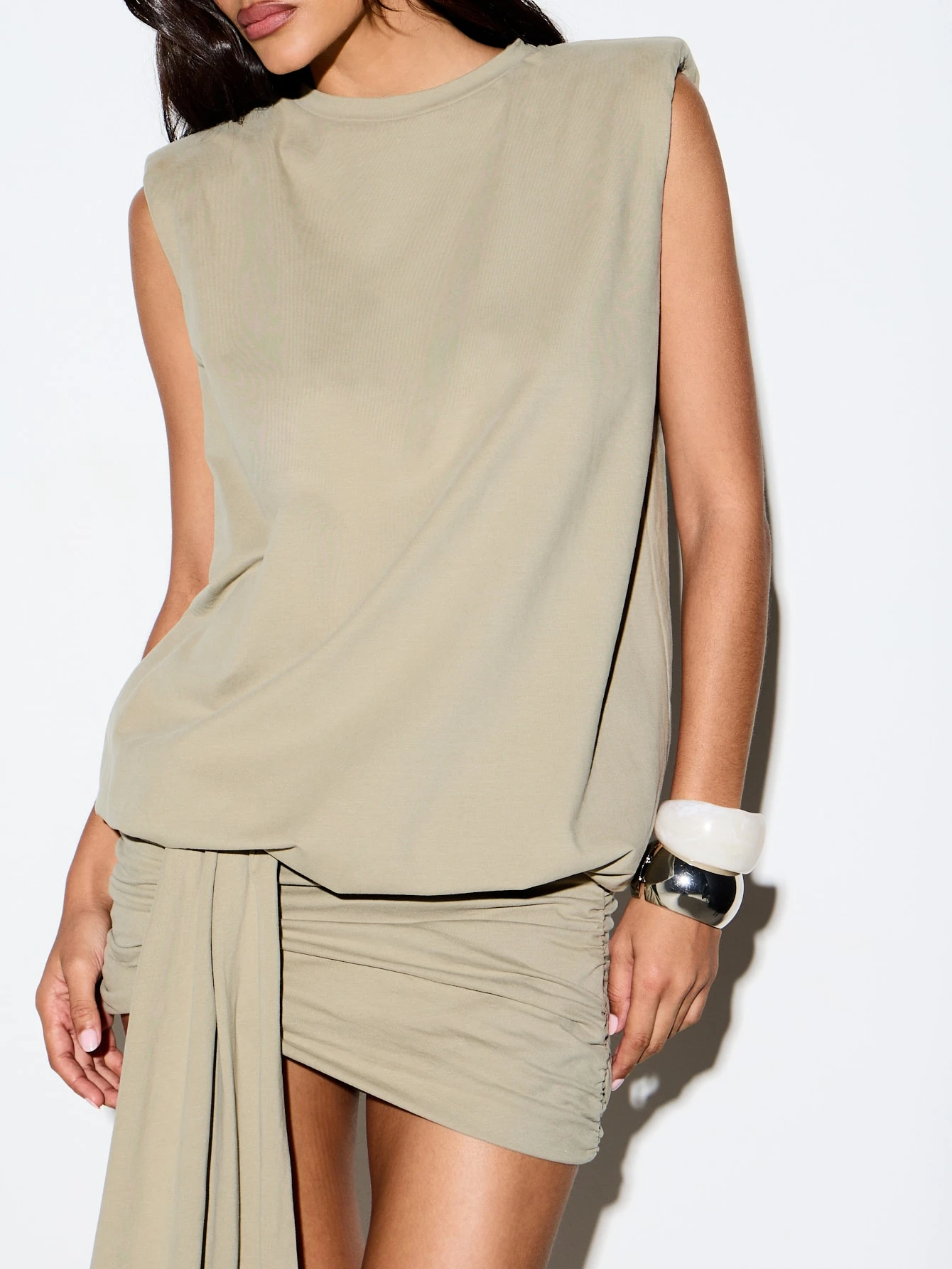 KIZN Sleeveless Mini Dress With Shoulder Pads And Draped Train