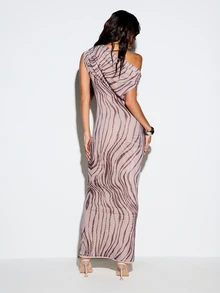 KIZN Chiffon Bias Cut One Shoulder Drape Maxi Dress With Wavy Zebra Print For Evening And Summer Occasions - Multicolor - View 2