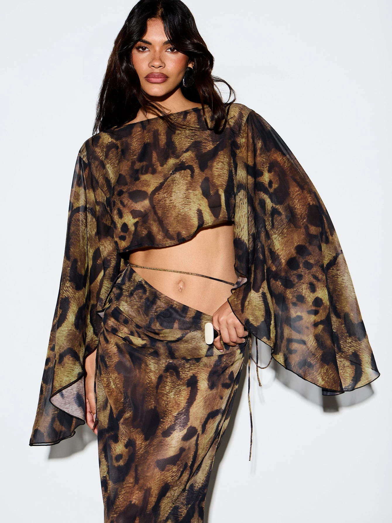 KIZN Leopard Print Chiffon Crop Top With Flare Sleeves