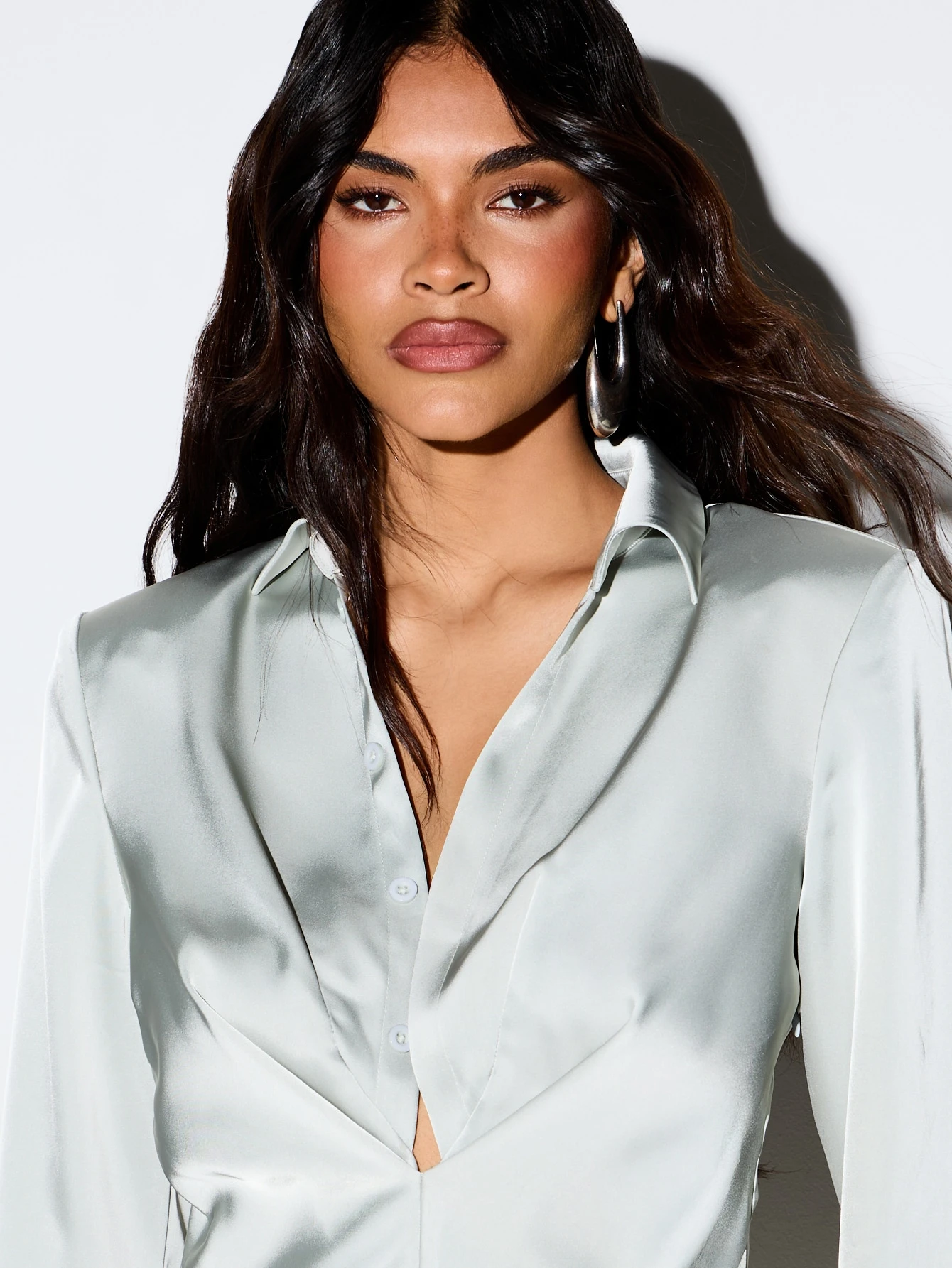 KIZN Satin Shirt Mini Dress With Deep V-Neckline