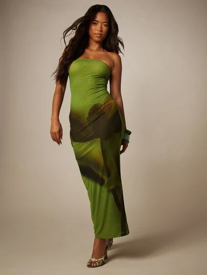MISSGUIDED Vestido maxi sin tirantes con tubo y superposición de malla con estampado abstracto de la naturaleza y detalle de abertura en la espalda