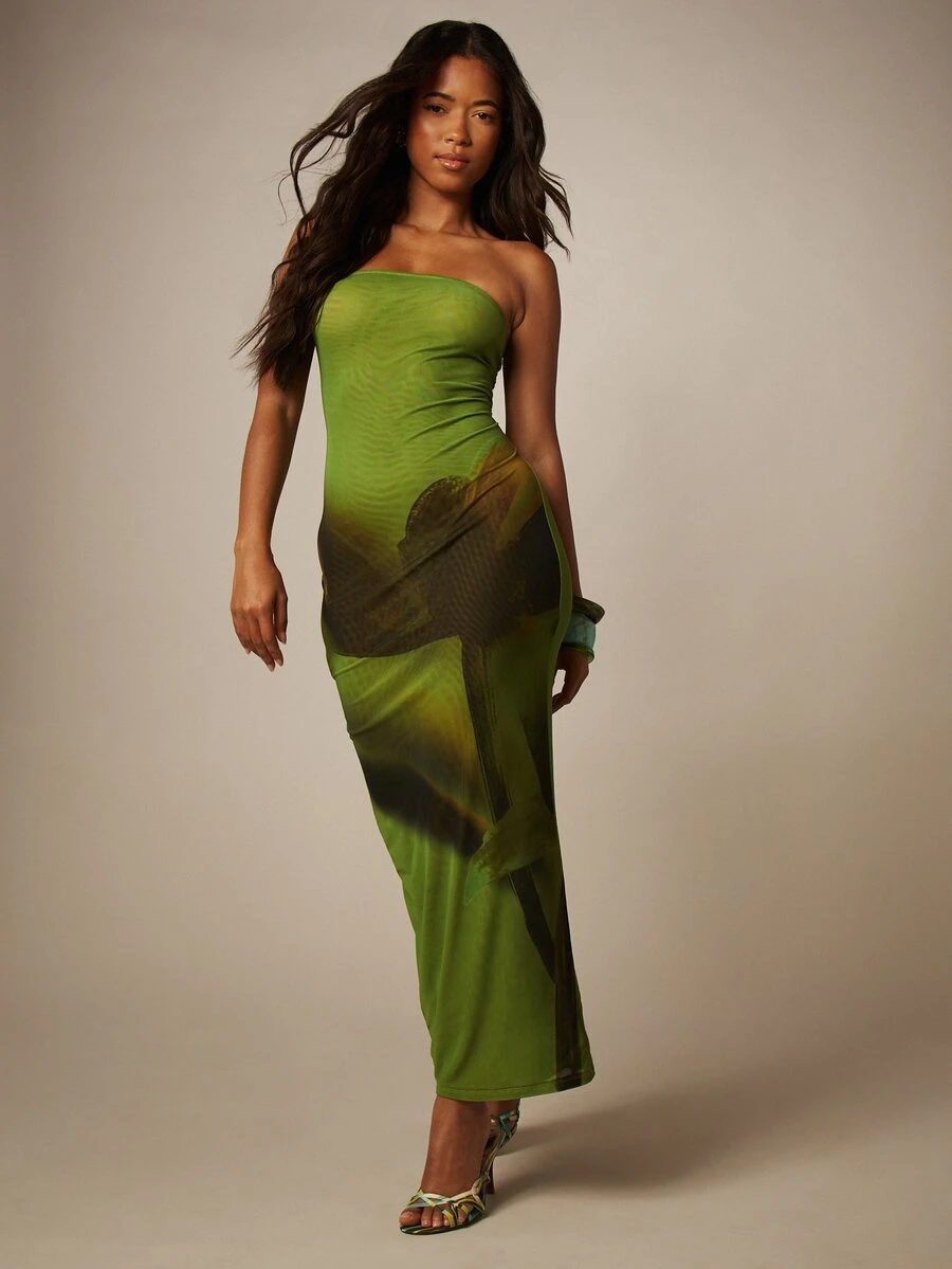 MISSGUIDED Đầm maxi dáng ống không dây với lớp vải lưới phủ ngoài và họa tiết thiên nhiên trừu tượng, chi tiết xẻ tà phía sau. - màu xanh lá - Xem 1